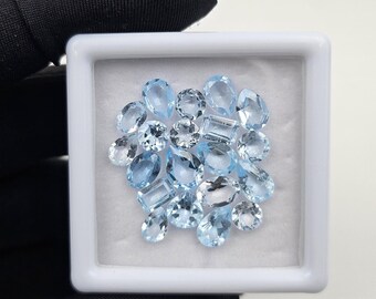 Box Of 20 Pieces Natural Sky Blue Topaz Faceted Loose Gemstone (3MM-8MM)