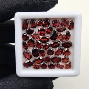 Peut inclure: Une collection de petites pierres précieuses grenat rouge foncé à facettes, disposées dans une boîte de présentation carrée blanche. Les pierres varient en forme, incluant des coupes ovales, rondes, poires et coussins, toutes rouge cramoisi.