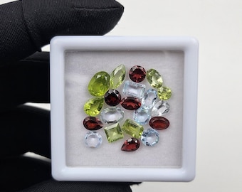 20 Pieces Box Of Natural Faceted Mix Loose Gemstone Mix Shape And Size(4MM-8MM) Sky Blue Topaz,  Red Garnet  And Peridot