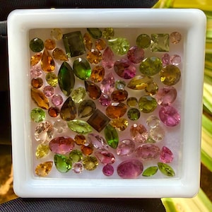 Puede incluir: Una colección de gemas coloridas en una vitrina cuadrada blanca. Las gemas varían en forma y tamaño, con tonos de verde, rosa, naranja y marrón. Las gemas están dispuestas sobre un fondo blanco.