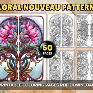 Floral Nouveau Patterns Adult Coloring Pages - 60 Ornamental Flower & Swirling Designs, Printable PDF Download