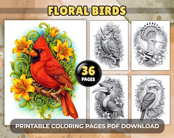 Oiseaux floraux, coloriages pour adultes, 36 motifs décoratifs élégants, téléchargement PDF imprimable en niveaux de gris