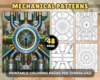 48 motifs mécaniques, coloriages pour adultes, motifs industriels complexes pour la détente, imprimables PDF à télécharger