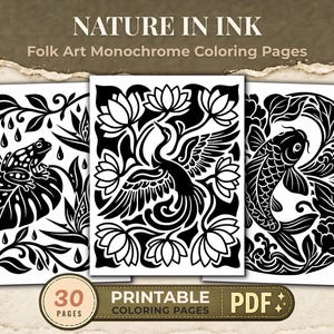 May include: A set of printable colouring pages titled Nature in Ink, featuring 30 black and white folk art designs. The visible pages display a frog on a leaf, a crane surrounded by lotus flowers, and a koi fish swimming among floral patterns.