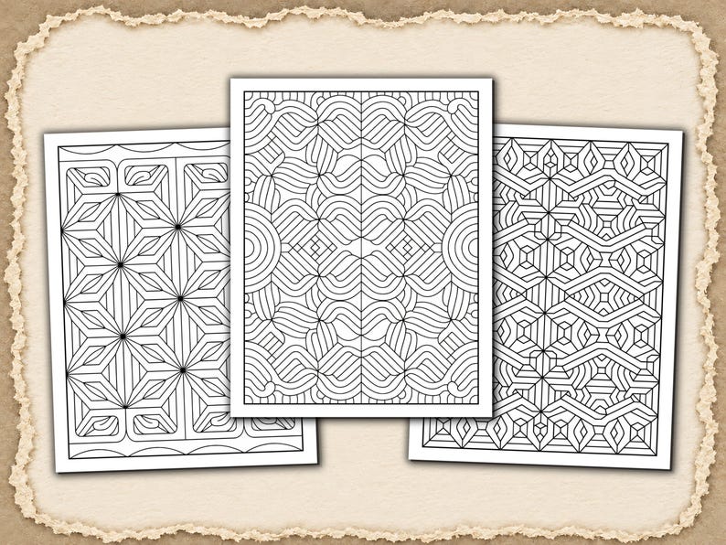 May include: Three rectangular sheets of paper featuring black and white geometric line art patterns. Each sheet displays a unique, intricate design composed of repeating shapes, lines, and symmetrical motifs, presented as a set of coloring pages.