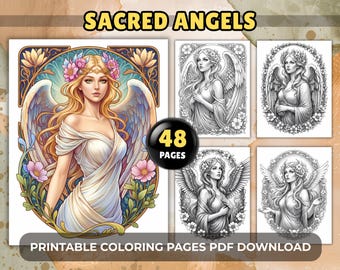 Anges sacrés à colorier - 48 pages à colorier pour adultes, art nouveau angélique en niveaux de gris, imprimables en téléchargement PDF