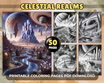 50 Celestial Coloring Pages Grayscale for Adults, Printable PDF Sci-Fi Fantasy Galaxy Space Coloring Book, Instant Download