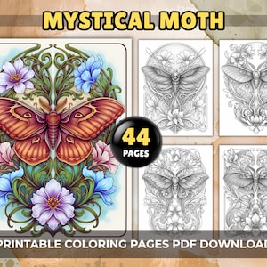 Mystical Moth Adult Coloring Pages, 44 Intricate Art Nouveau Ornamental Designs, Printable PDF