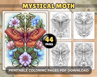 Mystical Moth Adult Coloring Pages, 44 Intricate Art Nouveau Ornamental Designs, Printable PDF