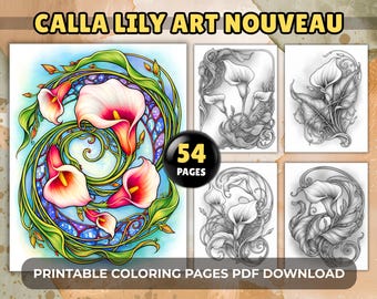 Coloriages pour adultes Art nouveau de lys calla - 54 fleurs vintage en niveaux de gris, imprimables en téléchargement PDF