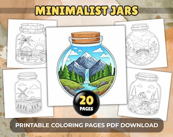Dibujos minimalistas para colorear de paisajes: 20 escenas de la naturaleza en frascos para adultos, PDF imprimible.