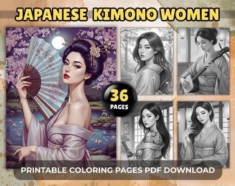 Kimono japonais pour femmes, coloriages pour adultes, 36 modèles de portraits élégants, téléchargement PDF imprimable en niveaux de gris