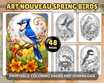Oiseaux printaniers Art nouveau à colorier, 48 motifs floraux botaniques en niveaux de gris, PDF imprimable