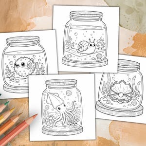 Dibujos para colorear de animales marinos Kawaii, sencillos y llamativos: acogedoras escenas oceánicas en frascos, PDF imprimible imagen 3