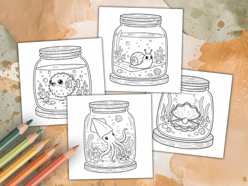 Dibujos para colorear de animales marinos Kawaii, sencillos y llamativos: acogedoras escenas oceánicas en frascos, PDF imprimible imagen 3
