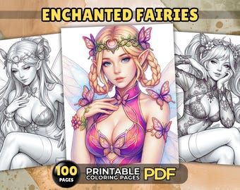 Coloriages de fées - 100 fées fantastiques enchantées pour adultes et adolescents, PDF imprimable relaxant en niveaux de gris