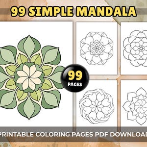 99 Simple Mandala Adult Coloring Pages, Easy Line Art for Stress Relief, PDF Download