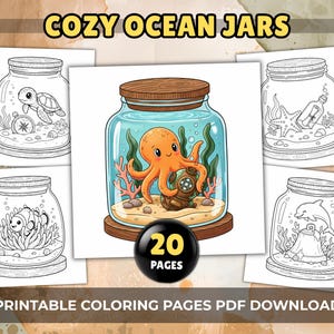 Dibujos para colorear de animales marinos Kawaii, sencillos y llamativos: acogedoras escenas oceánicas en frascos, PDF imprimible imagen 1