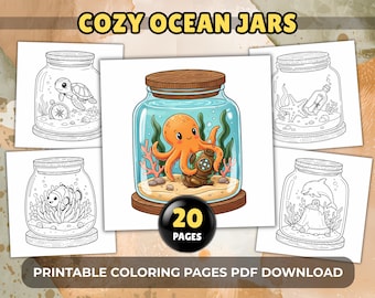 Bold and Easy Kawaii Sea Animals Coloring Pages - 20 Cozy Ocean Jar Scenes for Adults and Kids, Printable PDF