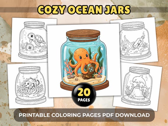 Bold and Easy Kawaii Sea Animals Coloring Pages - Cozy Ocean Jar Scenes, Printable PDF