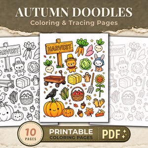 Può includere: Un set di pagine stampabili da colorare e ricalcare intitolato Autumn Doodles. Le pagine presentano disegni al tratto in bianco e nero e un foglio centrale a colori che mostra icone a tema raccolto, tra cui zucche, un orso, un coniglio, un carro e un cartello con la scritta Harvest.