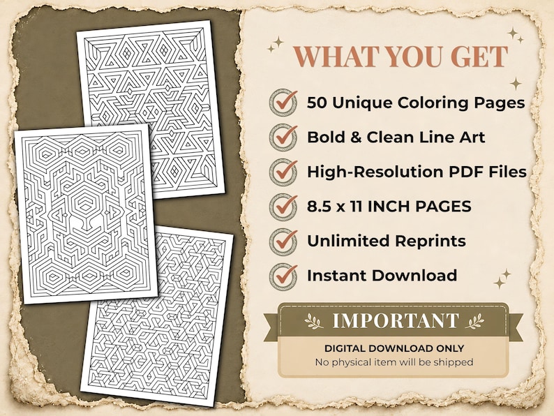 May include: A digital collection of 50 coloring pages featuring bold, clean geometric line art. The text reads: WHAT YOU GET, 50 Unique Coloring Pages, Bold & Clean Line Art, High-Resolution PDF Files, 8.5 x 11 INCH PAGES, Unlimited Reprints, Instant Download, IMPORTANT, DIGITAL DOWNLOAD ONLY.