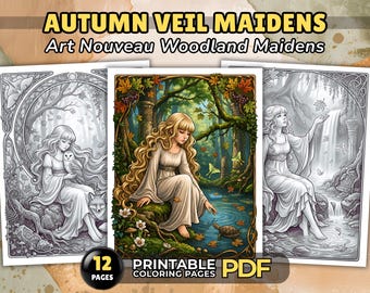 Pages à colorier de jeunes filles du voile d'automne, sanctuaire mystique des bois Art nouveau en niveaux de gris, PDF imprimable