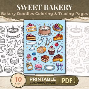 May include: A digital collection of Sweet Bakery colouring and tracing pages featuring black and white line art and a central full-colour sheet. The illustrations include cakes, cupcakes, macarons, fruit, and baking tools on 10 printable PDF pages.