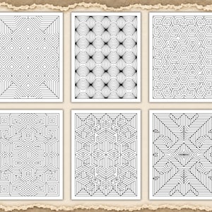 May include: A set of six rectangular coloring pages featuring black and white geometric patterns. The designs include nested diamonds, curved line grids, hexagonal mazes, and intricate linear structures with symmetrical arrangements on white paper.