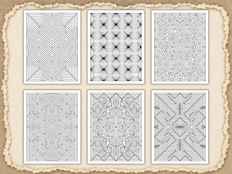 May include: A set of six rectangular coloring pages featuring black and white geometric patterns. The designs include nested diamonds, curved line grids, hexagonal mazes, and intricate linear structures with symmetrical arrangements on white paper.