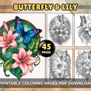 Butterfly & Lily Adult Coloring Pages – 45 Art Nouveau Floral Grayscale, Relaxing Printable PDF Download