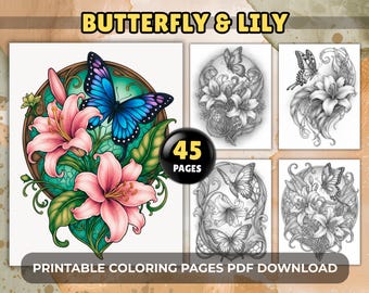 Papillon et lys - 45 coloriages de fleurs Art nouveau en niveaux de gris, relaxants imprimables en téléchargement PDF