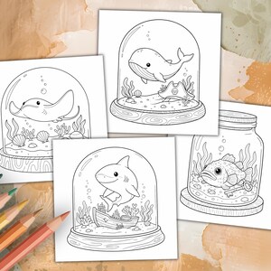 Dibujos para colorear de animales marinos Kawaii, sencillos y llamativos: acogedoras escenas oceánicas en frascos, PDF imprimible imagen 4