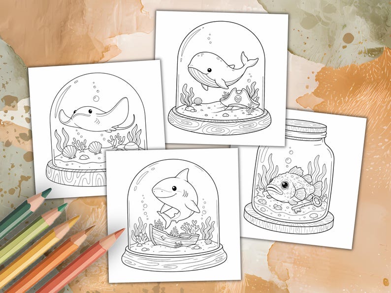 Dibujos para colorear de animales marinos Kawaii, sencillos y llamativos: acogedoras escenas oceánicas en frascos, PDF imprimible imagen 4