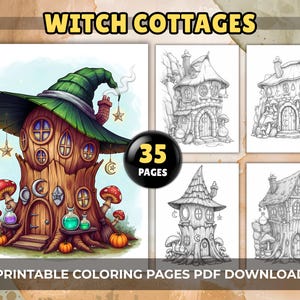 Witch Cottages Adult Coloring Pages – 35 Cozy Magical Witchy Houses, Printable PDF Download