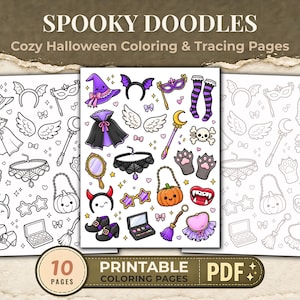 May include: A digital collection titled SPOOKY DOODLES Cozy Halloween Coloring & Tracing Pages featuring 10 printable PDF pages. The illustrations include a witch hat, bat wings, masks, capes, wands, pumpkins, skulls, and makeup kits in line art.