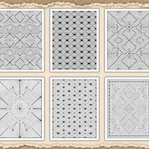 May include: A collection of six rectangular coloring pages featuring black and white geometric patterns. The designs include intricate line work, repeating circular motifs, starburst shapes, and complex angular structures arranged in a grid layout.