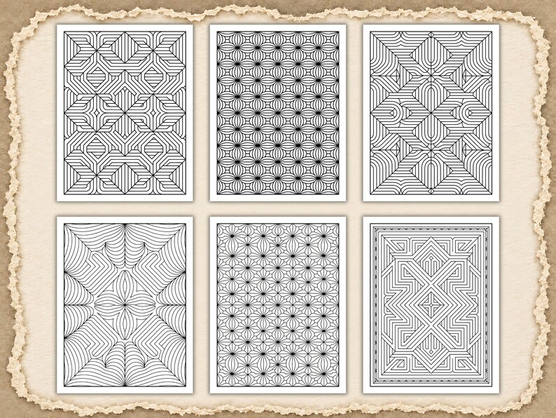 May include: A collection of six rectangular coloring pages featuring black and white geometric patterns. The designs include intricate line work, repeating circular motifs, starburst shapes, and complex angular structures arranged in a grid layout.