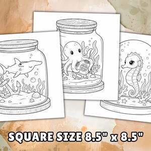 Dibujos para colorear de animales marinos Kawaii, sencillos y llamativos: acogedoras escenas oceánicas en frascos, PDF imprimible imagen 2