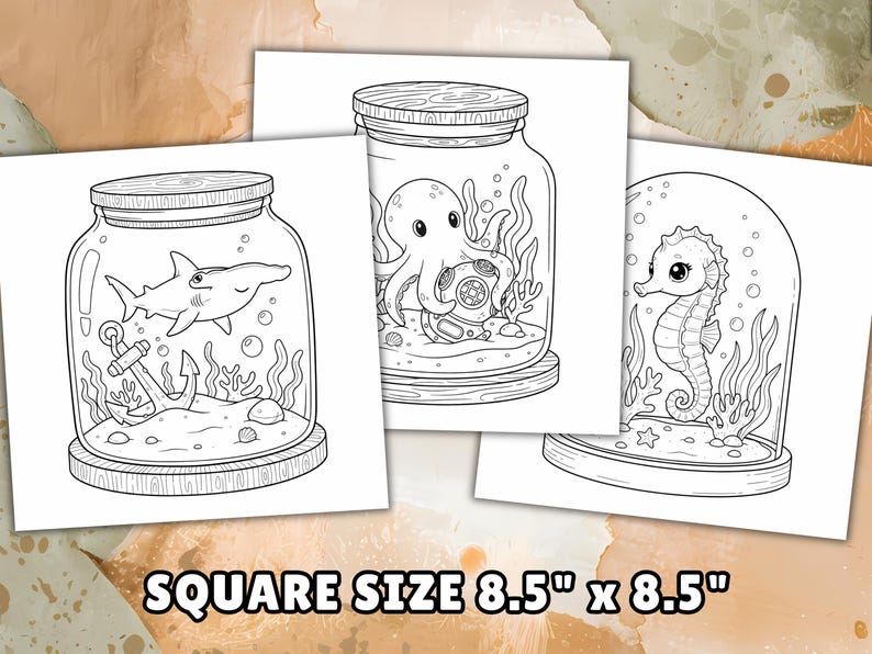 Dibujos para colorear de animales marinos Kawaii, sencillos y llamativos: acogedoras escenas oceánicas en frascos, PDF imprimible imagen 2