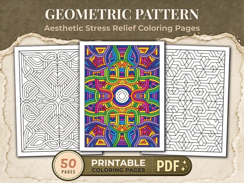 May include: Three rectangular coloring pages featuring geometric patterns. The center page is filled with vibrant, multi-colored interlocking lines, while the two outer pages display black and white line art. Text reads GEOMETRIC PATTERN.