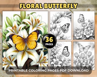 Pages à colorier en niveaux de gris de papillons floraux : 36 motifs élégants de fleurs et de papillons pour adultes (téléchargement PDF)