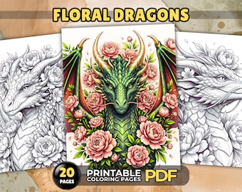 Coloriages de dragons – 20 dessins de dragons floraux fantastiques en niveaux de gris pour adultes, PDF imprimables