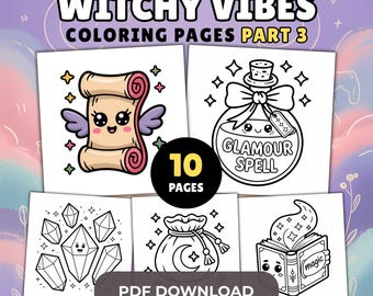 Coloriages Witchy Vibes : illustrations de sorcières kawaii confortables et mignonnes, feuilles à colorier imprimables audacieuses, simples et relaxantes (téléchargement PDF)