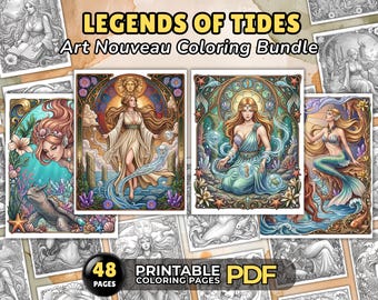 Bundle de coloriage Art nouveau, mythologie, 4 livres, 48 pages d'enchanteresses fantastiques, PDF imprimable