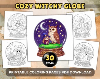Dibujos para colorear de brujas kawaii: 30 escenas acogedoras de bolas de nieve, PDF imprimible