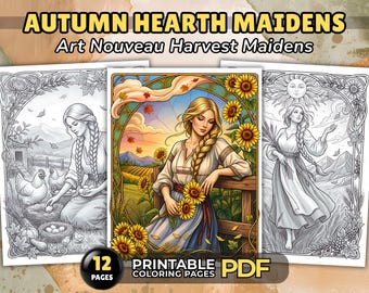Autumn Harvest Coloring Pages for Adults, Art Nouveau Cottagecore Maidens Grayscale, Printable PDF