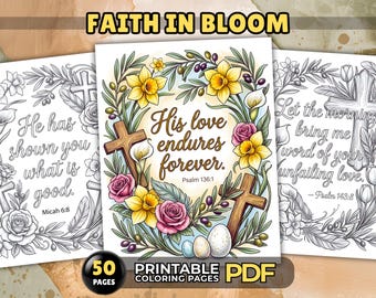 Pages à colorier de versets bibliques pour adultes – 50 pages des Écritures florales chrétiennes, PDF imprimable en niveaux de gris