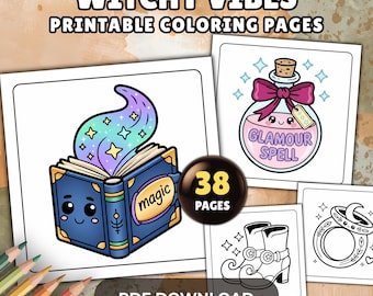 Livro de colorir com vibrações de bruxa ousadas e fáceis, páginas para colorir fofas e místicas em estilo kawaii, PDF aconchegante para imprimir e baixar instantaneamente para adultos e crianças.