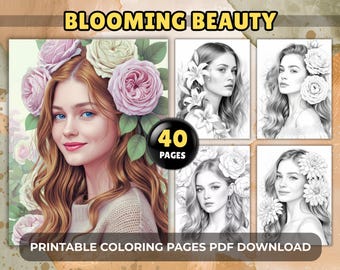 Coloriages Blooming Beauty en niveaux de gris : 40 portraits de femmes élégantes et fleuries pour adultes (téléchargement PDF)